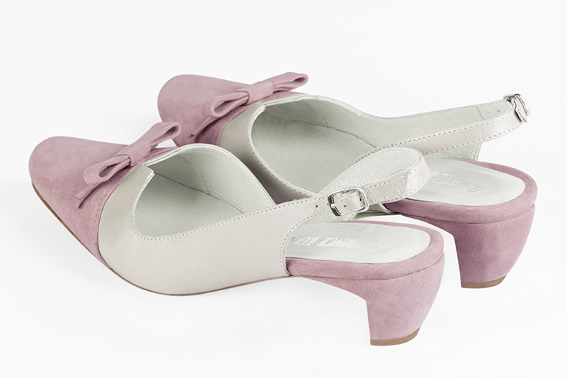 Light pink and pure white women's open back shoes, with a knot. Round toe. Low comma heels. Rear view - Florence KOOIJMAN